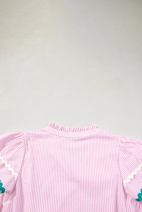 Stripe Ricrac Trim Split Neck Striped Ruffled Sleeve Blouse